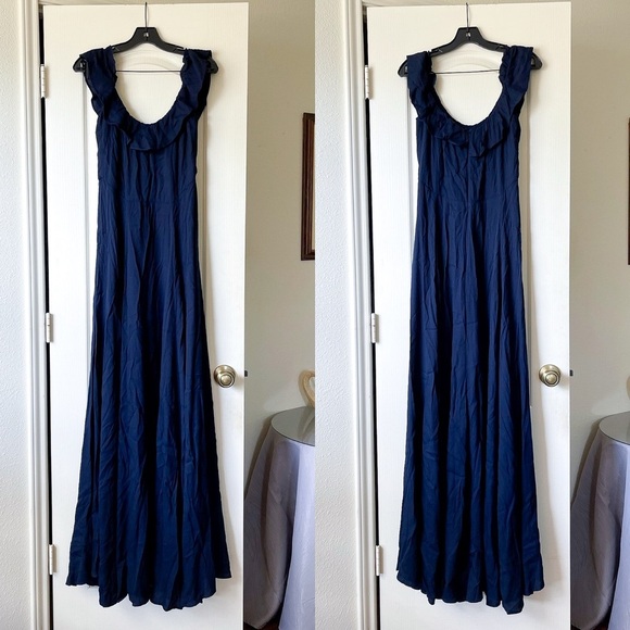 Reformation Verbena Off Shoulder Ruffle Maxi Gown Wedding Navy Size 10 EUC - Picture 2 of 7